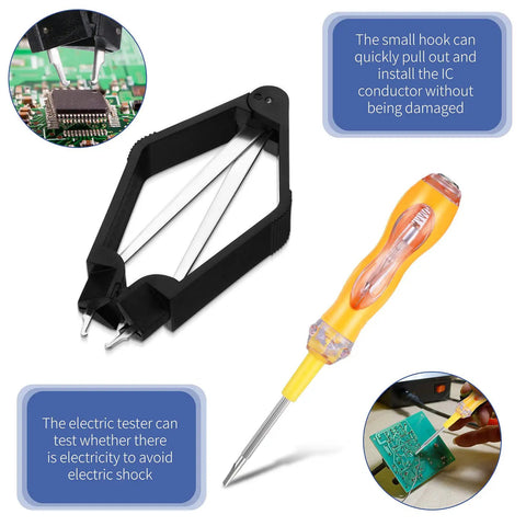 4 Piece IC Chip Remover Set With 4 Claw PLCC Puller And Keyboard Switch Test Pencil shown with circuit board