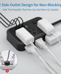 Six Widely Spaced Outlets Power Strip With Two-Sided Design And Four USB Ports, showing plugged-in devices with angled plug.