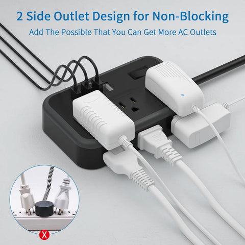 Six Widely Spaced Outlets Power Strip With Two-Sided Design And Four USB Ports, showing plugged-in devices with angled plug.