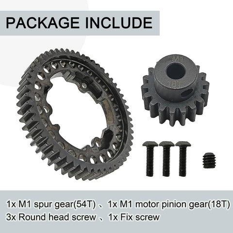 Beefy Hardened Steel 54T Spur Gear 1 Mod And 18T Pinion Upgrade Kit showing gears and screws for Traxxas RC Cars
