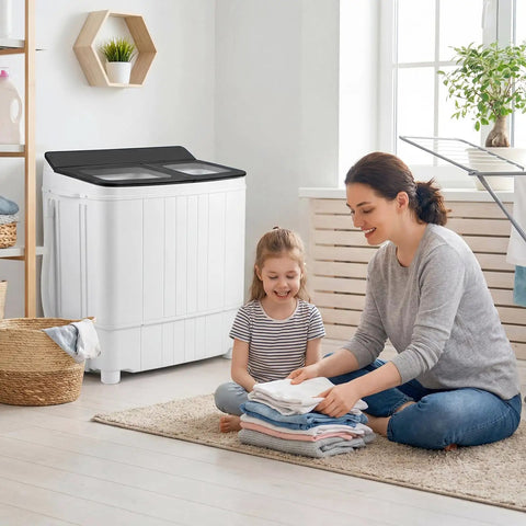 Compact Twin Tub Portable Washing Machine Featuring High Speed Drain Pump Quick Spin Dryer Combo in home setting with mother and child.