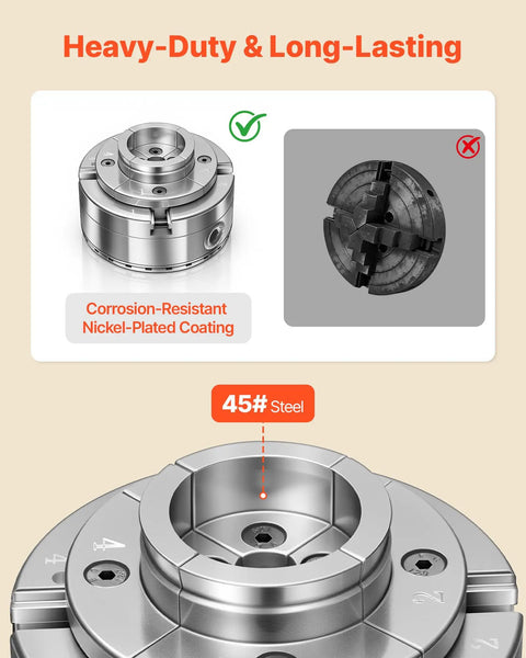 Built Tough 4 Inch Wood Lathe Chuck 4 Jaw Self Centering Bevel Gear Set With 1 Inch 8 TPI Thread Nickel Plated