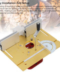 Universal Router Lift Kit Provides Dead On Precision And Boss Level Stability For Table Saw Inserts Smooth Micro Adjust Height Control Built With A Tank Tough Stainless Frame Fits 64 To 66 Mm Routers in gold with adjustable components.