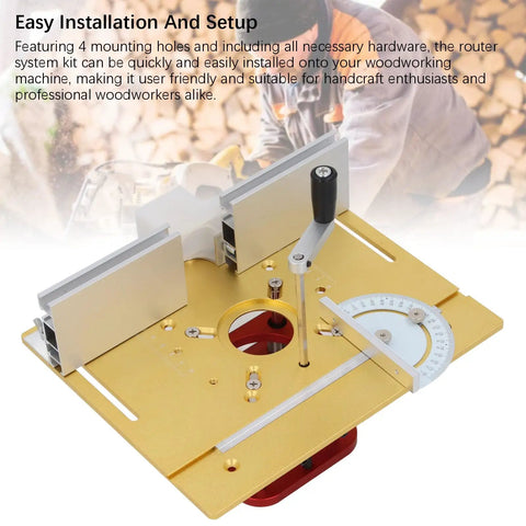 Universal Router Lift Kit Provides Dead On Precision And Boss Level Stability For Table Saw Inserts Smooth Micro Adjust Height Control Built With A Tank Tough Stainless Frame Fits 64 To 66 Mm Routers in gold with adjustable components.