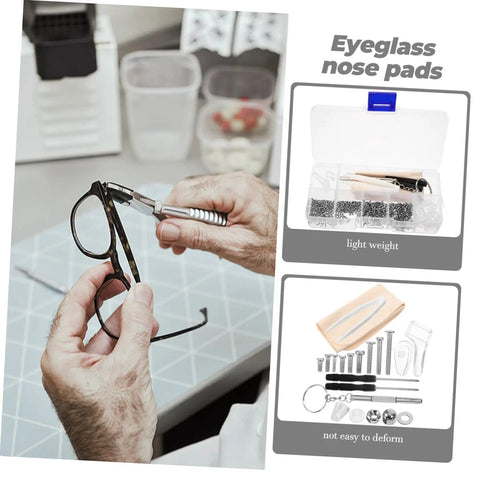 Eyeglass Repair Kit With Nose Pads And Anti Slip Ear Grips And Screwdriver Tools For Quick Repairs And All Day Comfort Fits All Eyewear Styles Versatile D I Y Glasses Fix Kit shown in use.