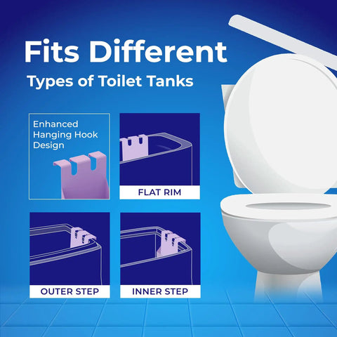 Infiniti Toilet Tank Tablet Holder With Blue Toilet Bowl Tablets showing compatibility with flat rim, outer step, inner step designs.