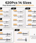 All In One 1200Pcs Pop Rivets And Trifold Rivets Kit With Washers For Auto DIY And Metalwork - 14 Standard Rivet Sizes Plus 1 Trifold Size Includes Washers For Strong Secure Fastening. size chart of aluminum pop rivets and tri-fold rivets