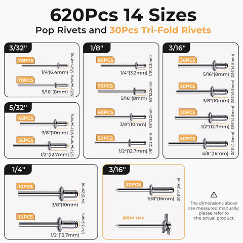 All In One 1200Pcs Pop Rivets And Trifold Rivets Kit With Washers For Auto DIY And Metalwork - 14 Standard Rivet Sizes Plus 1 Trifold Size Includes Washers For Strong Secure Fastening. size chart of aluminum pop rivets and tri-fold rivets