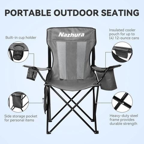 2 Pack Foldable Outdoor Camping Chairs With Built In Cooler Pouch Ultra Comfy Cushioned Seats Mesh Backrest And Cup Holder Pocket In Grey. Front view with labeled features.