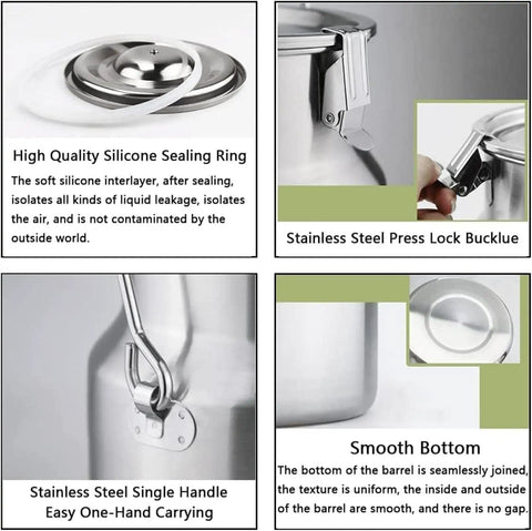 Beefy 304 Stainless Steel Water And Milk Can Jug With Sealed Lid Built To Last No Leak Design Odorless Rust Proof Easy Clean Five Point Three Quarts Milk Bucket features like silicone sealing ring, press lock buckle, single handle, smooth bottom