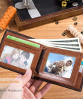 Open Ultra Slim RFID Wallet For Men Genuine Leather Bifold Front Pocket Card Holder With Two ID Windows Minimalist Design shown holding cash and cards