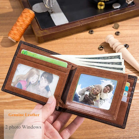 Open Ultra Slim RFID Wallet For Men Genuine Leather Bifold Front Pocket Card Holder With Two ID Windows Minimalist Design shown holding cash and cards
