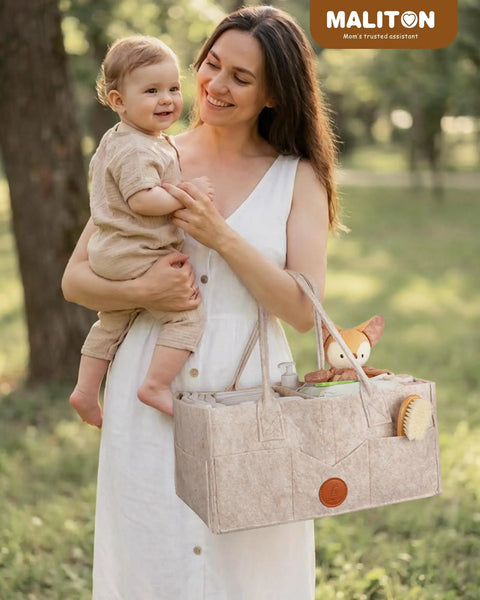 Oversized Khaki Felt Diaper Caddy Organizer For Changing Table Designed To Hold Gotta Have Baby Stash And Keep Nursery Operations Smooth Throughout Playtime