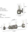 Four Light Vanity Light In Brushed Nickel Sleek Rustic Style Dimmable Fixture With Clear Seeded Glass Shades, dimensions illustrated.