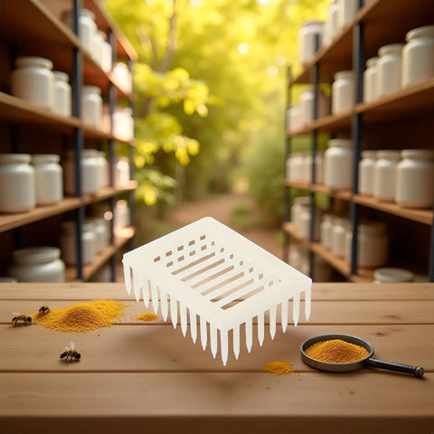 Queen Marker Cage Clip For Beekeeping Plastic Queen Catcher Tool on wooden table with jars and yellow powder