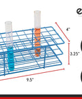 Heavy Duty Epoxy Coated Steel Test Tube Rack That Holds 40 Tubes Up To 20mm Diameter For Lab Classroom And Research Use Durable Corrosion Resistant Storage To Keep Tubes Organized And Ready with dimensions shown