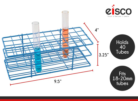 Heavy Duty Epoxy Coated Steel Test Tube Rack That Holds 40 Tubes Up To 20mm Diameter For Lab Classroom And Research Use Durable Corrosion Resistant Storage To Keep Tubes Organized And Ready with dimensions shown