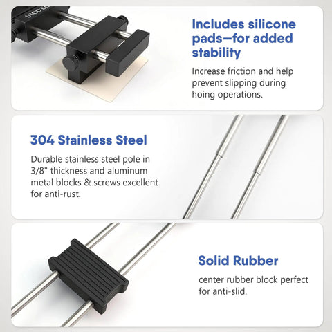 Adjustable Sink Bridge Whetstone Holder with 304 Stainless Steel base, silicone pads, and solid rubber anti-slip features.