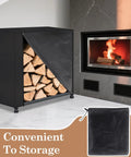 4ft Firewood Rack Cover Waterproof 420D Oxford Outdoor Storage With Zipper Drawstring And Windproof Straps All Weather Log Holder Cover For Dry Dust Free Wood And Rack Ready To Go, shown storing logs indoors near a fireplace.