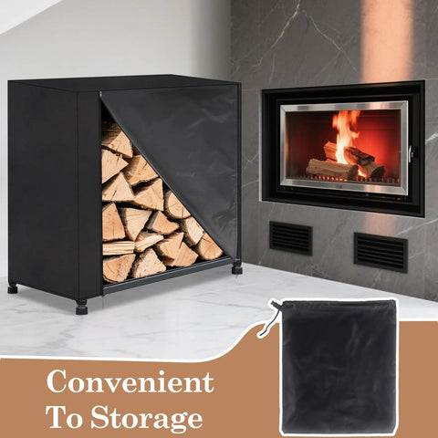 4ft Firewood Rack Cover Waterproof 420D Oxford Outdoor Storage With Zipper Drawstring And Windproof Straps All Weather Log Holder Cover For Dry Dust Free Wood And Rack Ready To Go, shown storing logs indoors near a fireplace.