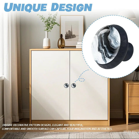 Slick Mushroom Cabinet Knobs With Fresh Black And White Abstract Marble Design crafted from premium crystal glass on a dresser.