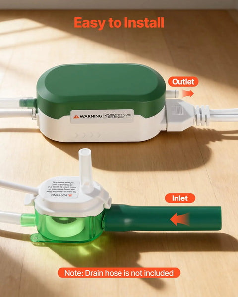 Condensate Pump With Automatic Safety Switch For Air Conditioners Dehumidifiers HVAC Furnaces And Ice Makers Delivers Nine Point Six GPH Up To 33 Feet Lift 100 To 230 Volt Ultra Quiet 21 DB No Fuss Drainage For Long Distance And Uphill Runs. compact pump inlet and outlet connections