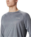 Men's Long Sleeve Outdoor Shirt With Omni Shade UV Protection And Omni Wick Moisture Management For Fishing, charcoal heather close up