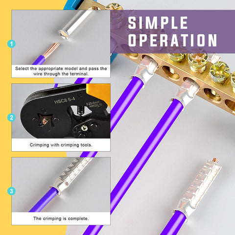 166Pcs Copper Wire Ferrule Assortment Kit With 8 Sizes Of Copper Crimp Fittings In Tinned Finish For Electrical Cable Ends, Ideal For Quick, Secure Terminals And Reliable DIY Wiring Projects. crimped purple wire ferrules on terminal block