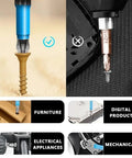 Pro Grade Magnetic Anti Slip Drill Bit Set with Seven Phillips Bits in S2 Alloy Steel Long Bits One Quarter Inch Hex Shank PH2 Fine Tooth Design and Strong Magnetism for Versatile 25mm to 150mm Range, showcasing use on furniture and machinery.