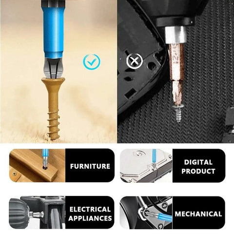 Pro Grade Magnetic Anti Slip Drill Bit Set with Seven Phillips Bits in S2 Alloy Steel Long Bits One Quarter Inch Hex Shank PH2 Fine Tooth Design and Strong Magnetism for Versatile 25mm to 150mm Range, showcasing use on furniture and machinery.