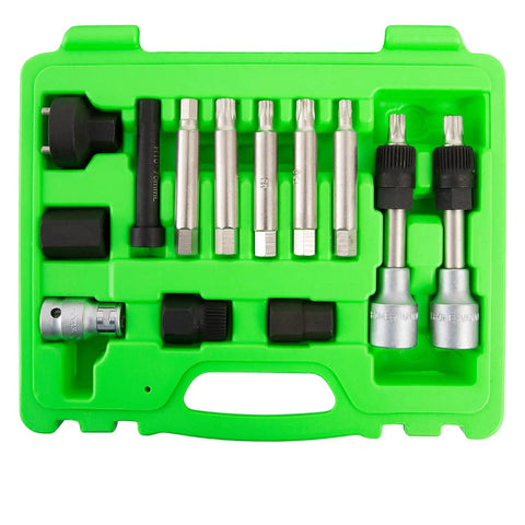 13 Piece Alternator Pulley Tool Set For Easy Decoupler Removal And Install Automotive Pulley Puller Kit in green case