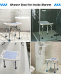 Four setups of Shower Stool With Free Loofah Sponge And Toiletry Bag Inside Shower Bathtub Chair Height Adjustable Bath Seat For Seniors And Disabled No-Hassle Tool Free Assembly 350 Pound Capacity.