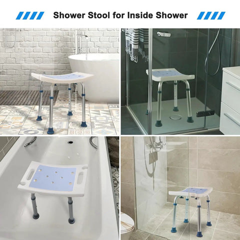 Four setups of Shower Stool With Free Loofah Sponge And Toiletry Bag Inside Shower Bathtub Chair Height Adjustable Bath Seat For Seniors And Disabled No-Hassle Tool Free Assembly 350 Pound Capacity.