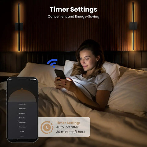 Lichaser Plug in Wall Sconces for Acoustic Wall Panels, Slat Wall (2, 28in) in bedroom with timer settings on phone.