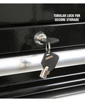 Close-up of tubular lock with keys on Pro Grade 57 Inch Tool Chest For Garage And Workshop Storage Heavy Duty Locking Steel Tool Cabinet With Gas Struts Durable 18 Gauge Shell And 19 Gauge Drawers Rock Solid Organization Gift For Men And Dads