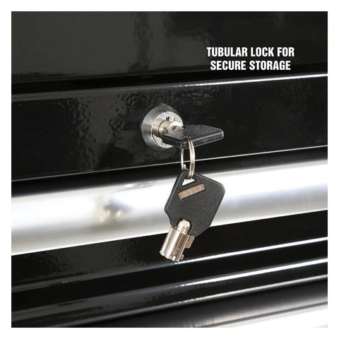 Close-up of tubular lock with keys on Pro Grade 57 Inch Tool Chest For Garage And Workshop Storage Heavy Duty Locking Steel Tool Cabinet With Gas Struts Durable 18 Gauge Shell And 19 Gauge Drawers Rock Solid Organization Gift For Men And Dads