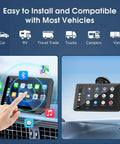 Wireless 7 Inch HD CarPlay Screen Slick Portable Touchscreen Stereo for Cars on dashboard with icons and hand interaction