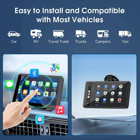 Wireless 7 Inch HD CarPlay Screen Slick Portable Touchscreen Stereo for Cars on dashboard with icons and hand interaction