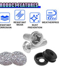 Fresh Bling Car License Plate Screws And Caps Kit Featuring Slick Anti Theft Bolts For Every Ride Premium White Rhinestone Hardware with rust resistant metal screws and rhinestone caps.