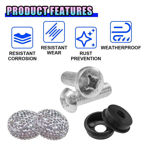 Fresh Bling Car License Plate Screws And Caps Kit Featuring Slick Anti Theft Bolts For Every Ride Premium White Rhinestone Hardware with rust resistant metal screws and rhinestone caps.