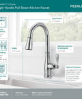 Elmhurst Do-It-All Single-Handle Kitchen Faucet With Pull-Down Sprayer, Chrome Finish, showing 360 Degree Swivel and 20 Inch Hose
