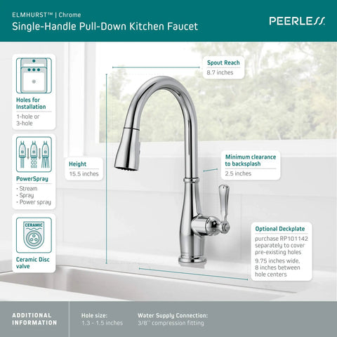 Elmhurst Do-It-All Single-Handle Kitchen Faucet With Pull-Down Sprayer, Chrome Finish, showing 360 Degree Swivel and 20 Inch Hose