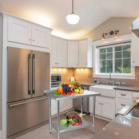 Stainless Steel Prep Table 24x36 Inches With Adjustable Undershelf in kitchen, heavy duty, NSF certified, double layer storage.