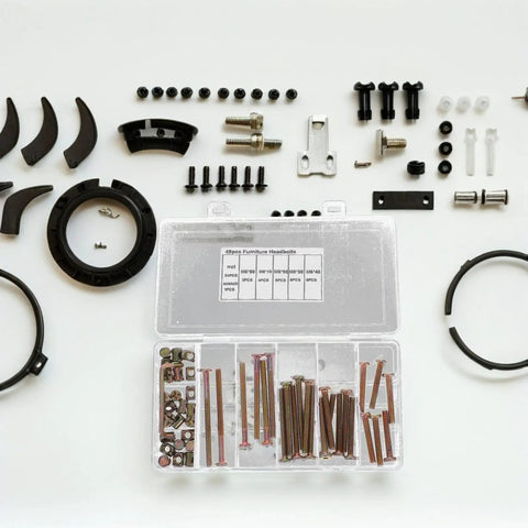 All In One M6 Hex Socket Head Screws And Barrel Nuts Set, 49 Piece Hardware Kit for furniture assembly, box and pieces displayed