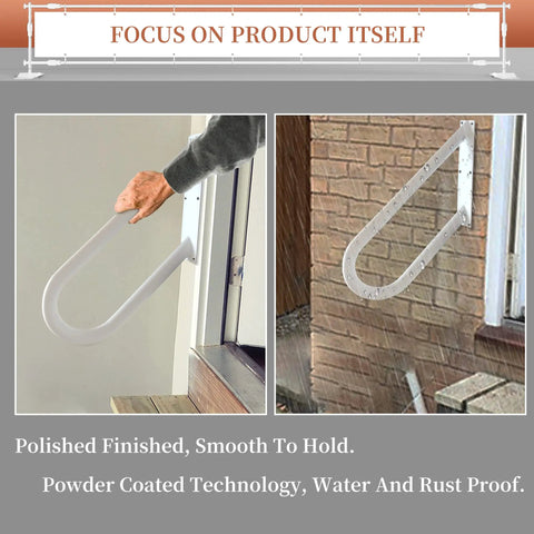 Outdoor Stair Handrails Rock Solid Wall Mount With White Powder Coat Finish, showing installed rail on garage and porch wall.