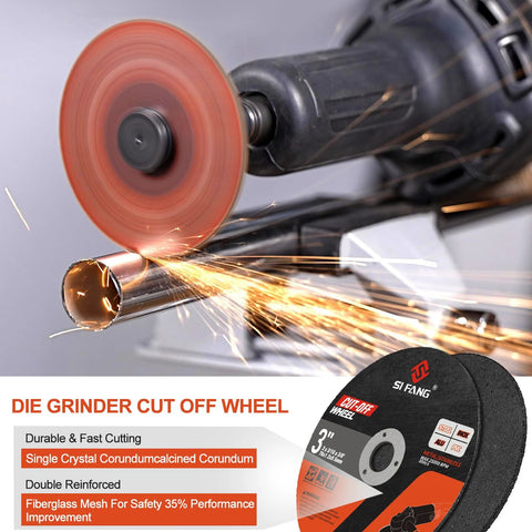 SI FANG 3-inch cut-off wheel set for die grinder, side view, 1/4 in mandrel, 25-piece kit