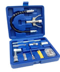 Front view: HANTUO 17-piece grease gun accessory kit in blue case with quick-connect coupler, 12-inch flex hose, fittings.