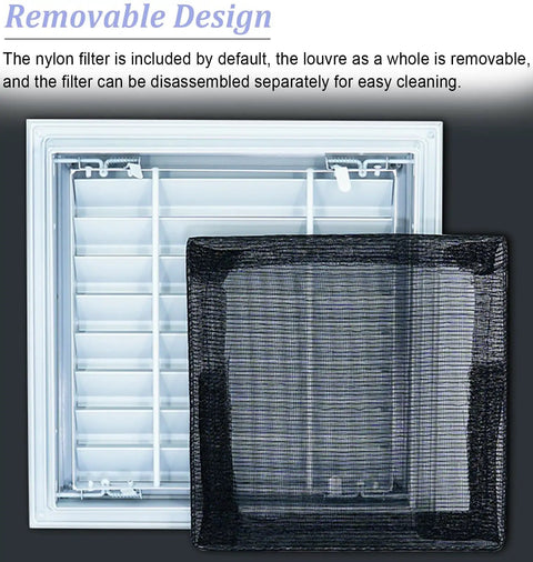 Universal Aluminum Access Panel With Smooth Shutter Vent For Drywall Or Ceiling Mount Featuring Nifty Pull Switch Operation showing removable nylon filter and louver design.