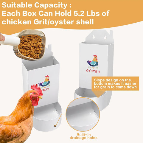 Heavy Gauge Hanging Chicken Grit And Oyster Shell Feeder with 5.2 lbs capacity and slope design for easy grain access.