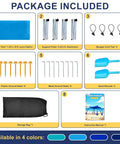 Package contents of Pop Up Beach Canopy Sun Shelter with UPF Fifty, includes tent, poles, stakes, ties, shovels, and manual.